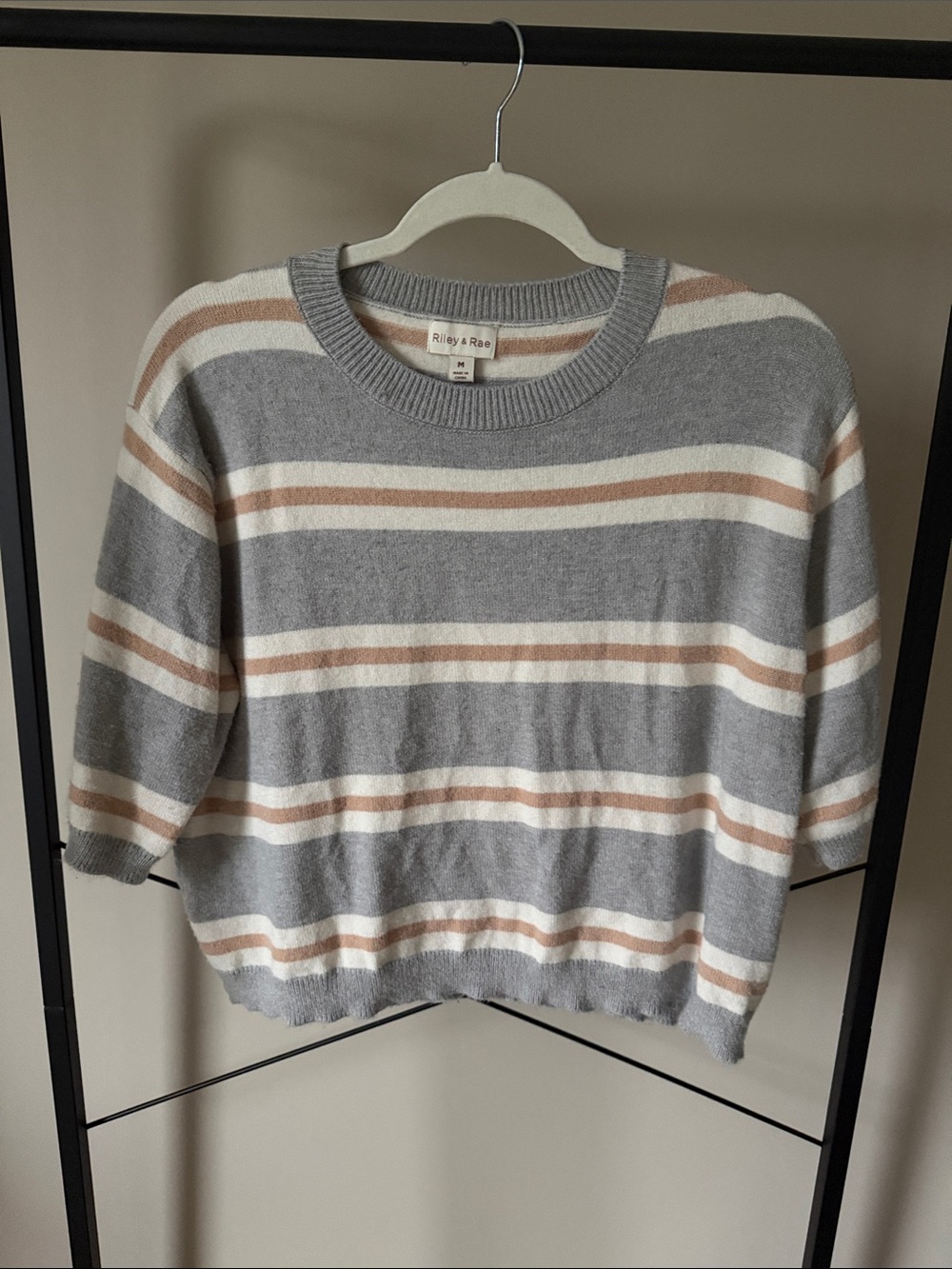 Riley & Rae Gray, Cream and Tan Striped Crewneck Sweater